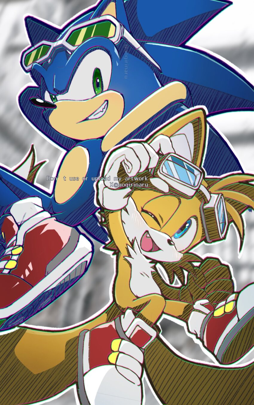 2boys, adjusting_eyewear, animal_ears, arms_behind_head, artist_name, blue_eyes, eyewear_on_head, fang