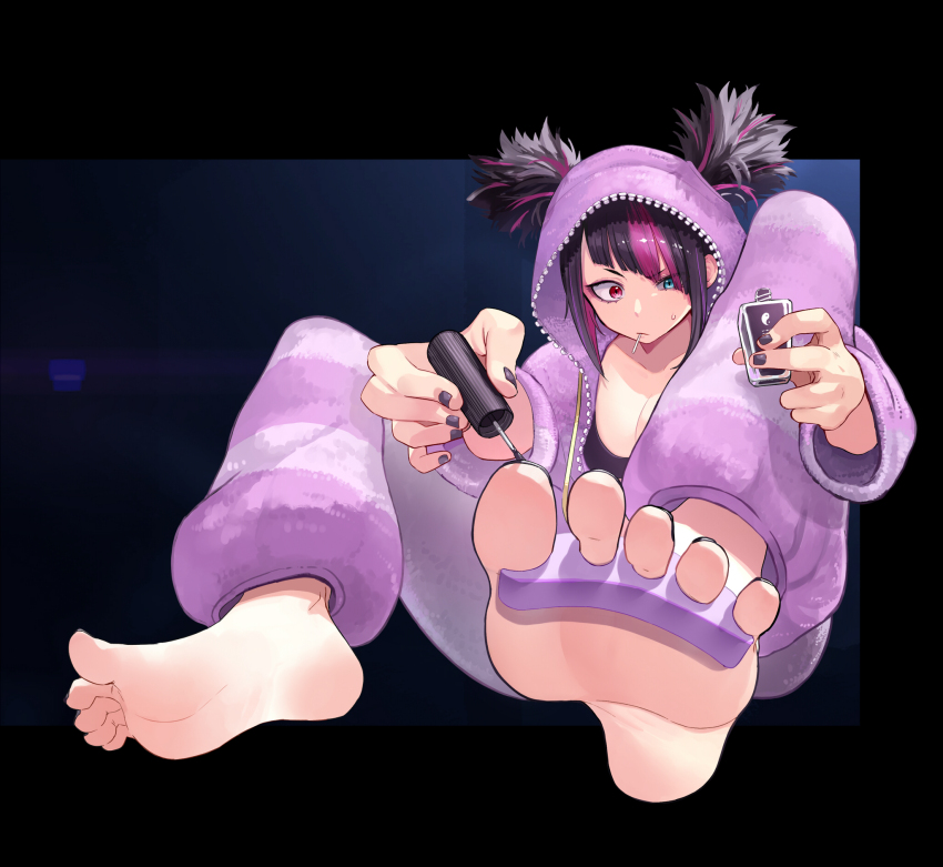 1girl, barefoot, black_hair, blue_eyes, feet, han_juri, heterochromia, highres