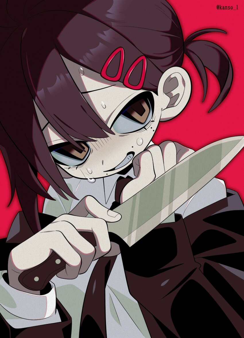 1girl, absurdres, black_jacket, black_necktie, brown_eyes, brown_hair, chainsaw_man, commentary_request, grin, hair_ornament, hairclip, higashiyama_kobeni, highres, holding, holding_knife, jacket, kansou_(kanso_1), knife, long_hair, long_sleeves, looking_at_viewer, mole, mole_under_eye, mole_under_mouth, multiple_moles, necktie, off_shoulder, open_clothes, open_jacket, ponytail, red_background, shirt, short_ponytail, simple_background, single_sidelock, smile, solo, sweat, twitter_username, upper_body, white_shirt