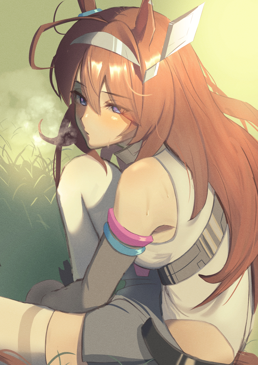 1girl, absurdres, ahoge, animal_ears, bare_shoulders, blue_eyes, blush, brown_hair