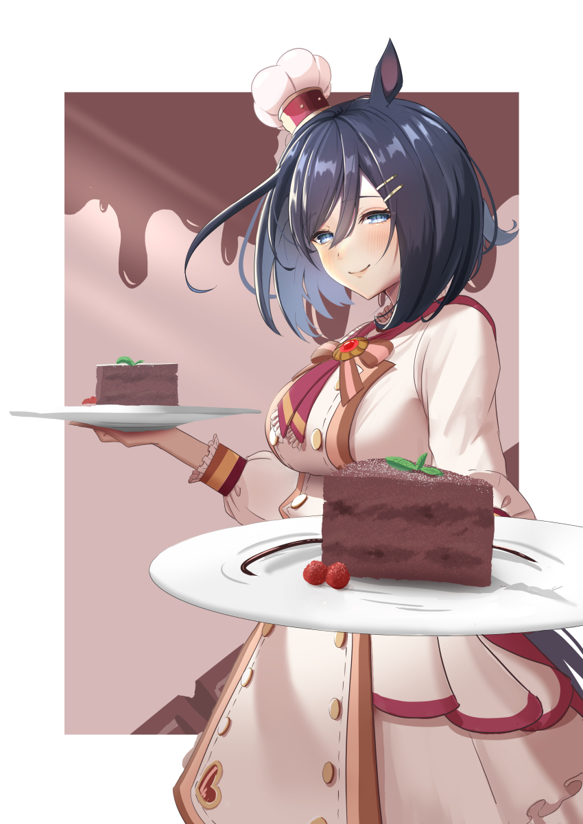 1girl, absurdres, animal_ears, apron, black_hair, blue_eyes, blush, buttons