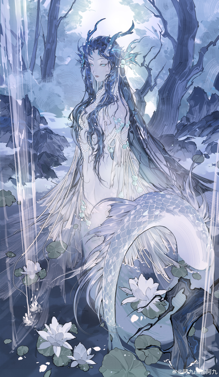 1girl, absurdres, ajiu_nine_ajiu, arms_at_sides, bead_necklace, beads, blue_eyes, blue_horns, blue_theme, chinese_commentary, colored_skin, curtained_hair, film_grain, flower, grey_skin, convenient_hair, hair_ornament, hair_over_shoulder, half-closed_eyes, highres, horns, incredibly_absurdres, jewelry, lily_pad, lips, lipstick, long_hair, makeup, mermaid, monster_girl, navel, necklace, no_pussy, nose, nude, original, outdoors, parted_hair, partially_submerged, raised_eyebrows, shell, shell_hair_ornament, shoulder_necklace, solo, tree, very_long_hair, watermark, weibo_watermark, wet, wet_hair, white_flower