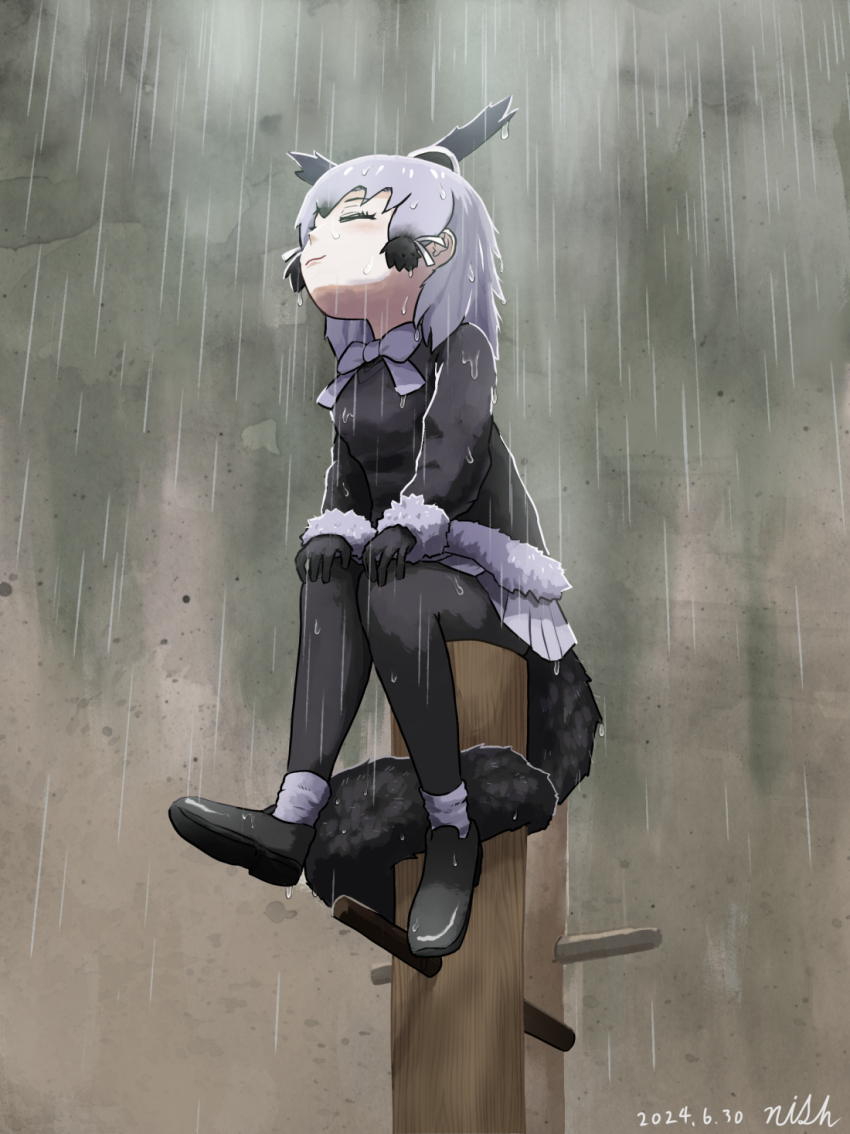 1girl, animal_ears, binturong_(kemono_friends), binturong_girl, black_footwear, black_hair, black_pantyhose, black_sweater