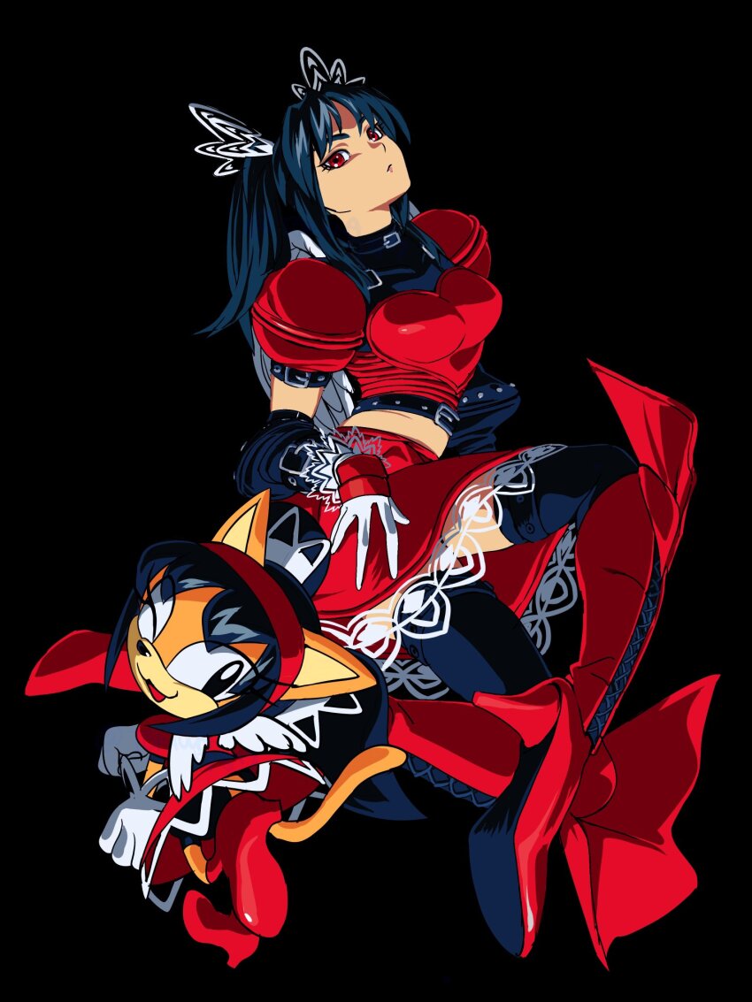 2girls, armor, black_background, black_hair, breasts, cat, cat_girl, fighting_vipers