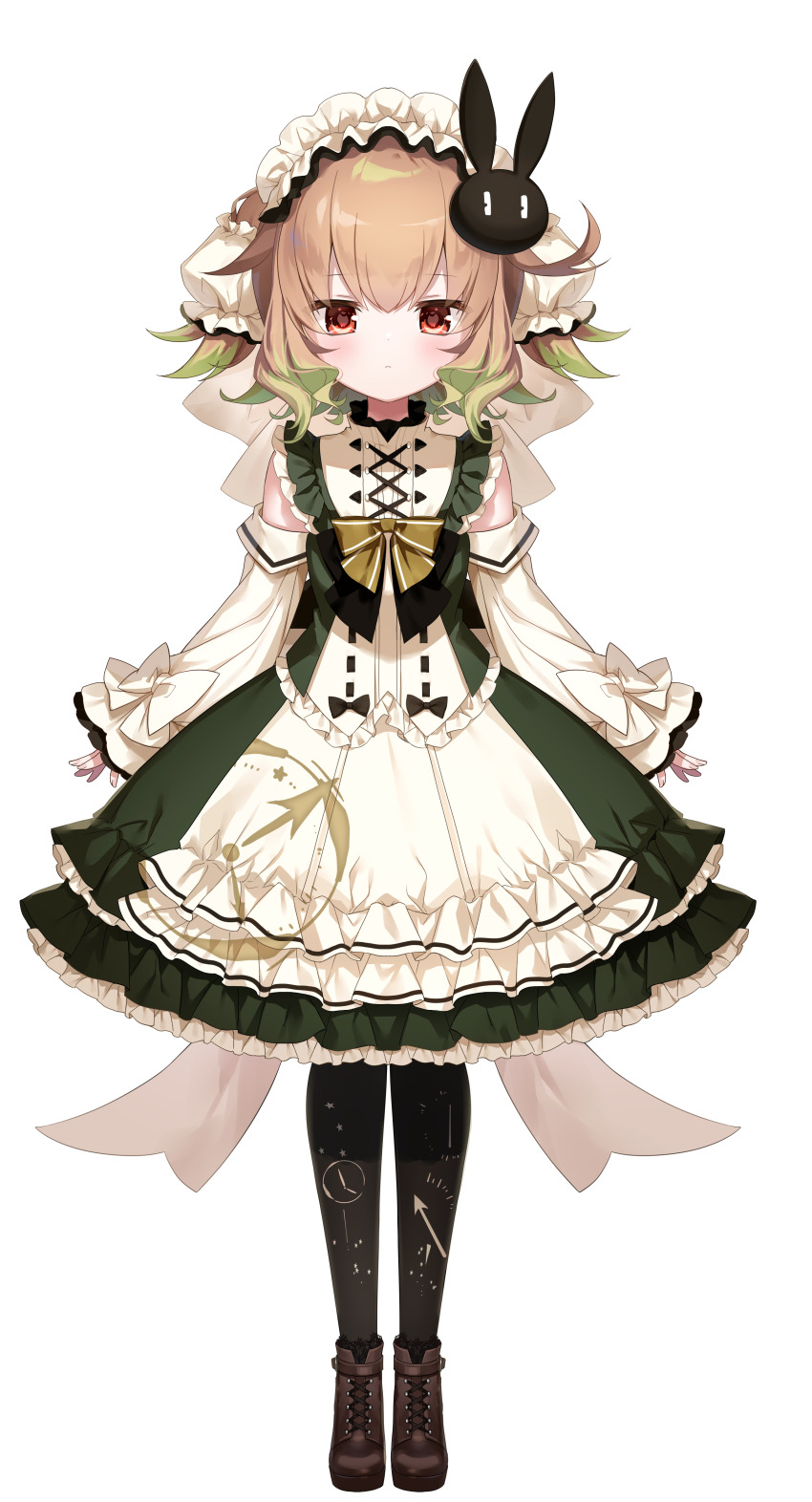 1girl, absurdres, black_pantyhose, blush, bow, brown_hair, brown_shoes, clock