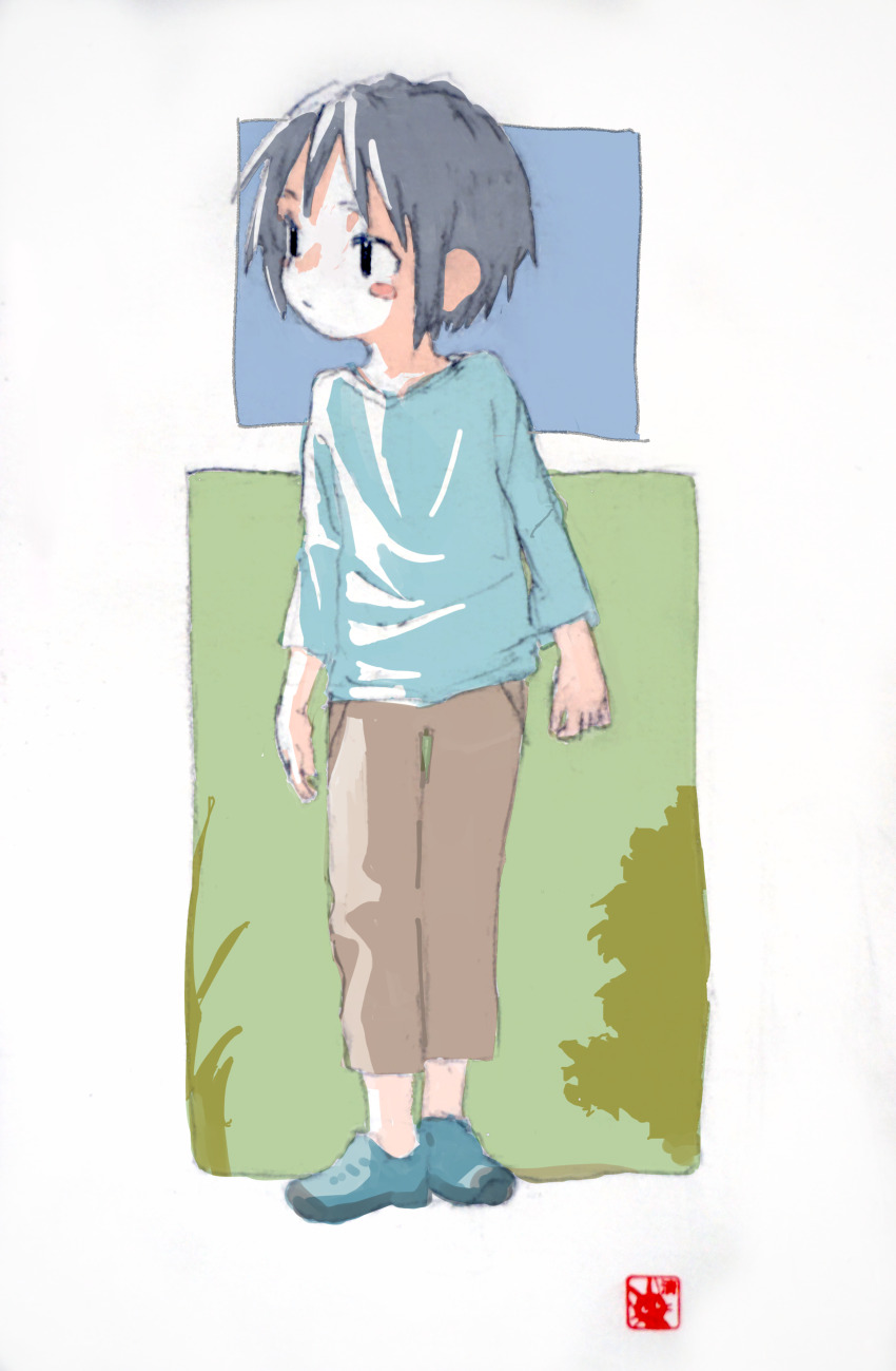 1girl, absurdres, black_eyes, border, brown_pants, commentary_request, grass, grey_hair