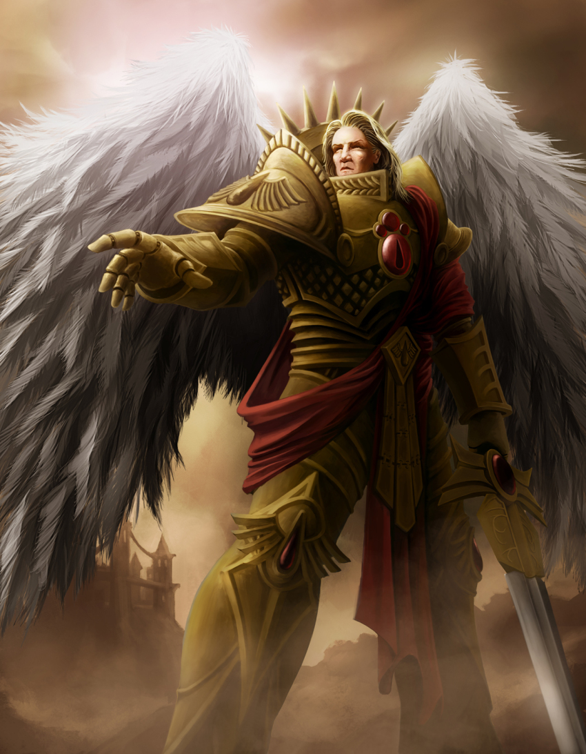 angel_wings, armor, blade_encarmine, blonde_hair, blood_angels, celeng, eyes_of_horus_(warhammer_40k), fortress