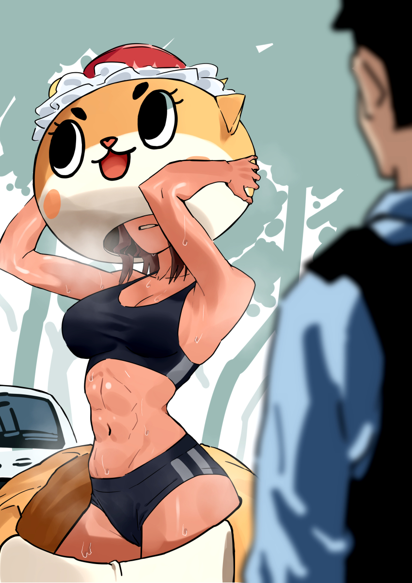 1boy, 1girl, abs, absurdres, armpits, black_buruma, black_hair, black_sports_bra, blue_shirt, blurry, blurry_foreground, breasts, brown_hair, bulletproof_vest, buruma, chiitan, cleavage, cowboy_shot, dark-skinned_female, dark_skin, dingotoad, highres, indie_virtual_youtuber, large_breasts, long_sleeves, mascot, mascot_costume, mascot_head, medium_hair, navel, parted_lips, police, police_uniform, policeman, shirt, solo_focus, sports_bra, standing, steaming_body, susaki, sweat, teeth, toned, toned_female, virtual_youtuber, yuru-chara