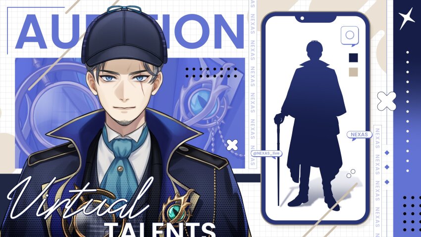 1boy, blue_coat, blue_eyes, blue_hat, blue_necktie, cane, cellphone, closed_mouth