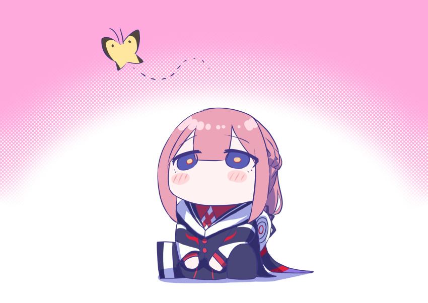 1girl, absurdres, black_jacket, blue_eyes, blush, braid, bug, butterfly