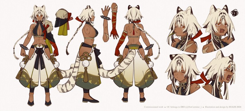 1girl, abs, animal_ear_fluff, animal_ears, asymmetrical_clothes, blonde_hair, bracelet, braid