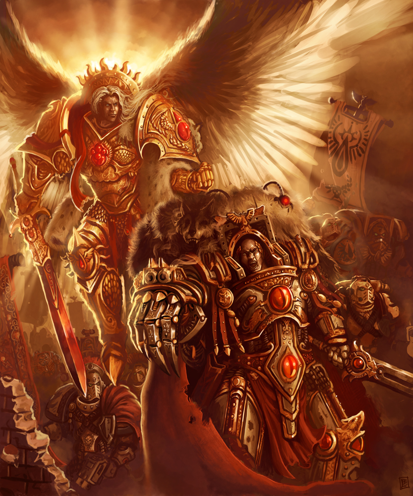 2boys, angel_wings, armor, black_legion_(warhammer_40k), blade_encarmine, blood_angels, eyes_of_horus_(warhammer_40k), halo_effect