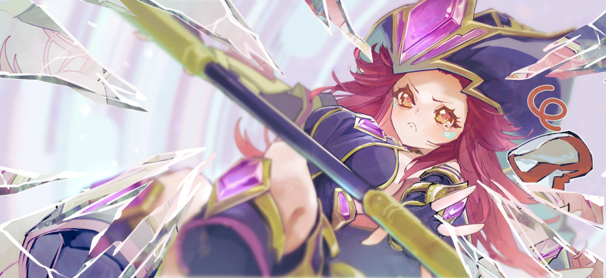 1girl, absurdres, black_hat, breasts, broken_glass, brown_eyes, commission, duel_monster