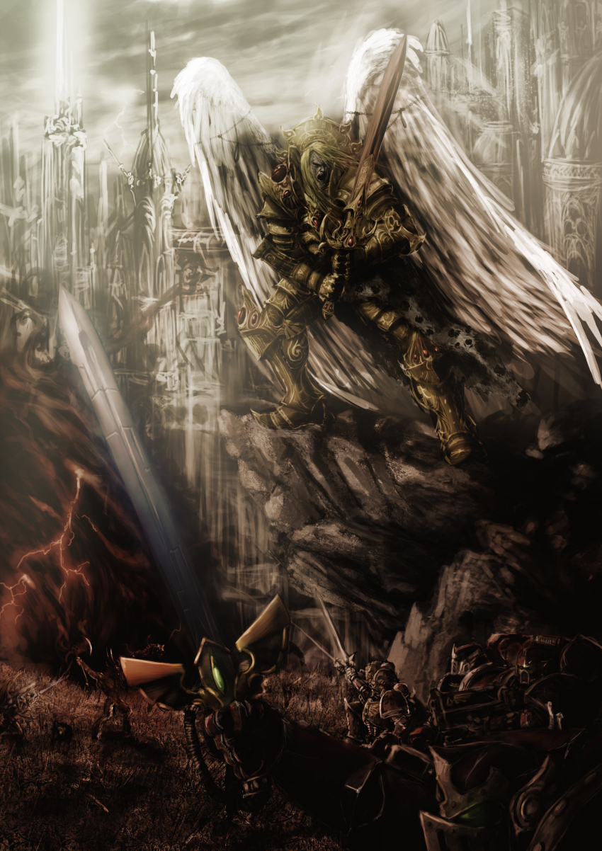 absurdres, adeptus_astartes, armor, axe, blade_encarmine, blood_angels, bolter, castle, chaos_(warhammer), cliff, eyes_of_horus_(warhammer_40k), gauntlets, gladius_incandor, halo_effect, highres, leopard_pelt, multiple_boys, ornate_armor, pelt, power_armor, primarch, red_lightning, regalia_resplendent, sanguinius, slaine69, snow_leopard_pelt, sword, teardrop-shaped_gem, warhammer_40k, weapon