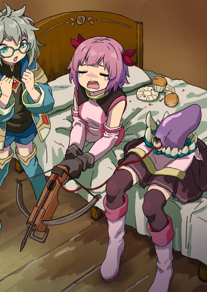 1boy, 1girl, aqua_eyes, bed, bisected, boots, bow_(weapon), cavity