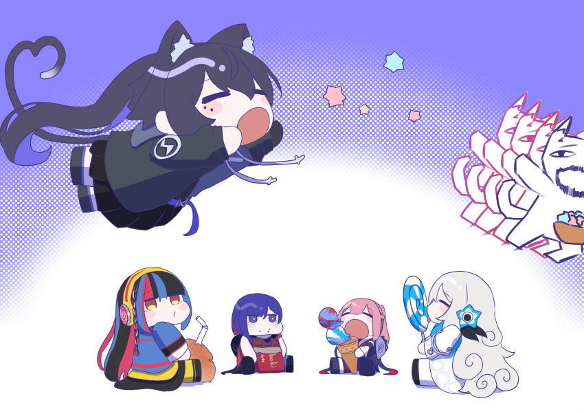 5girls, absurdres, anemone_(flower), animal_ears, black_hair, black_jacket, blue_eyes, blue_flower