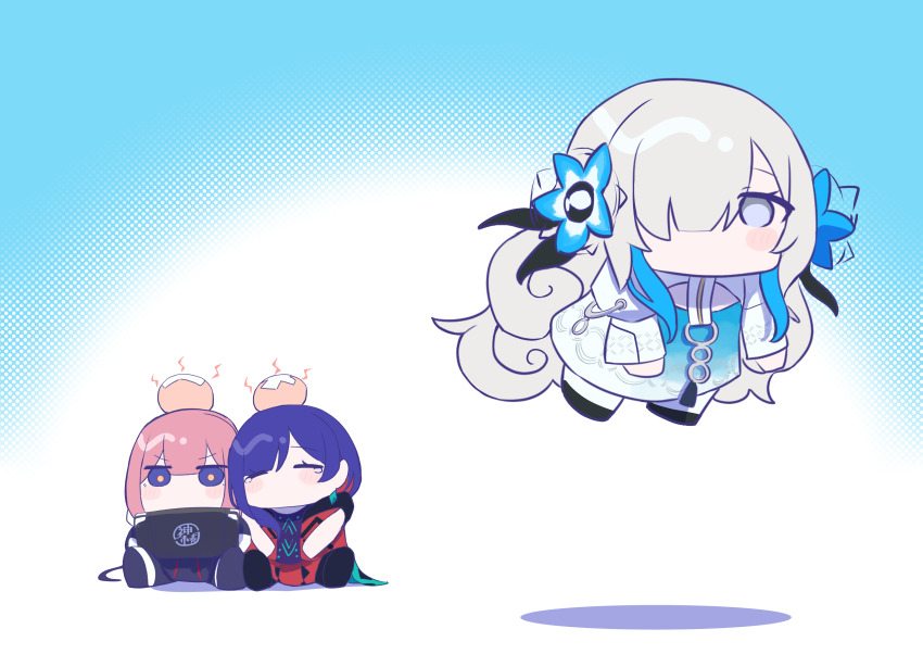 3girls, absurdres, anemone_(flower), black_jacket, blue_background, blue_eyes, blue_flower, blue_hair