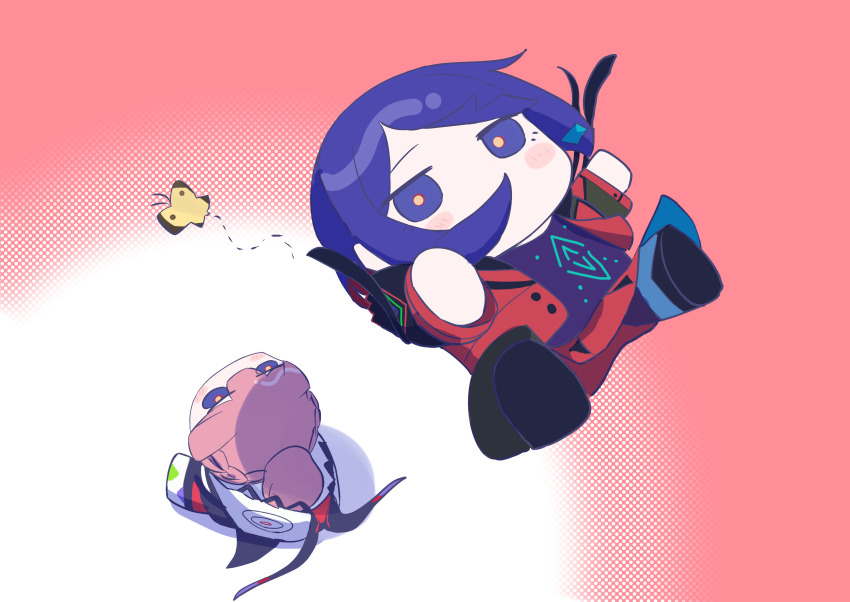 2girls, absurdres, black_jacket, blue_eyes, blue_hair, braid, bug, butterfly