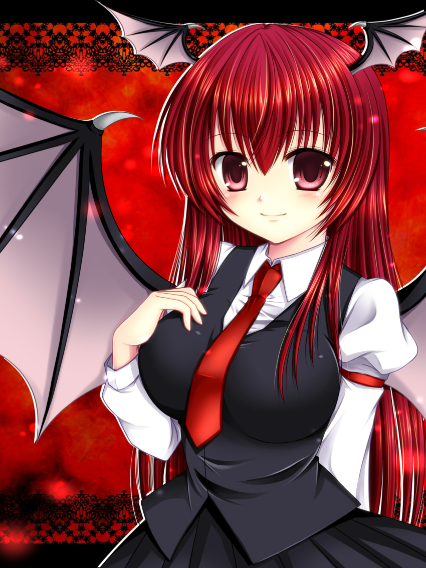 1girl, asazuki_kanai, bat_wings, breasts, embodiment_of_scarlet_devil, female_focus, head_wings, highres