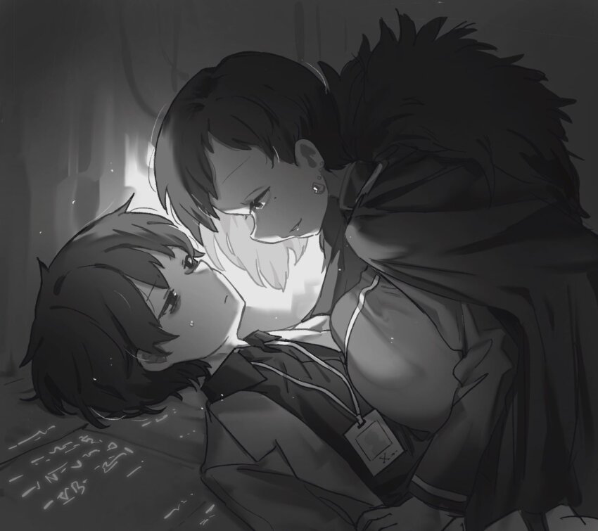 1boy, 1girl, assertive_female, asymmetrical_hair, ayin_(project_moon), backlighting, bags_under_eyes, binah_(project_moon)