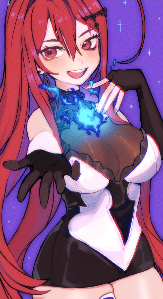 1girl, ahoge, black_dress, blue_fire, breasts, cleavage, dress, elizabeth_rose_bloodflame