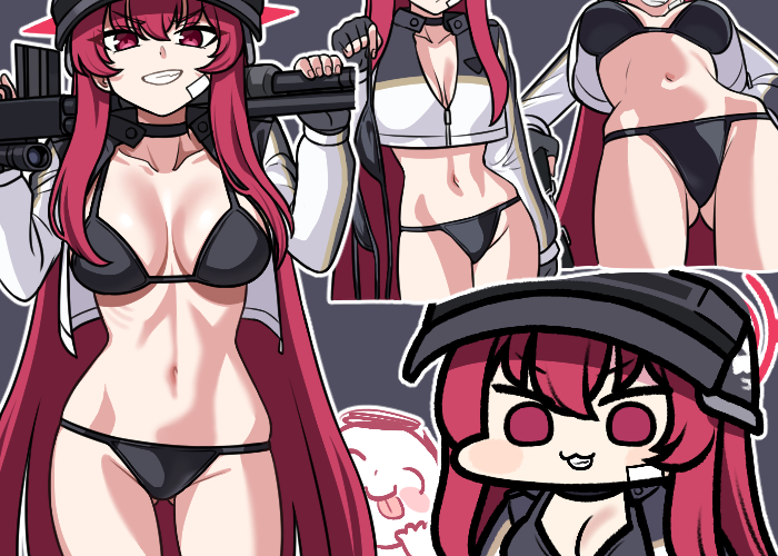 1boy, 1girl, bikini, black_bikini, blue_archive, breasts, collarbone, doodle_sensei_(blue_archive)