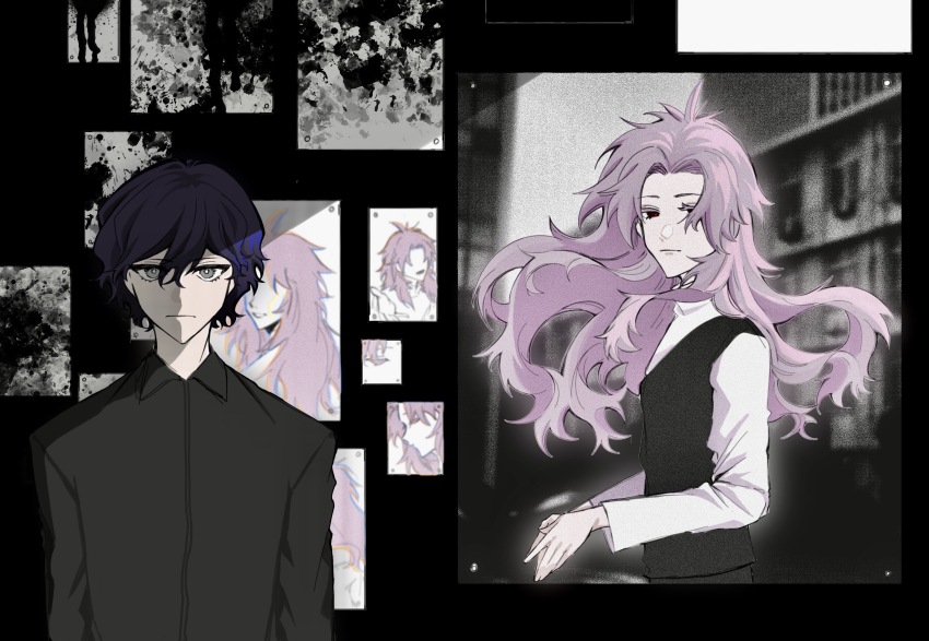 2boys, absurdres, black_shirt, black_vest, blue_hair, bright_pupils, chinese_commentary, chromatic_aberration