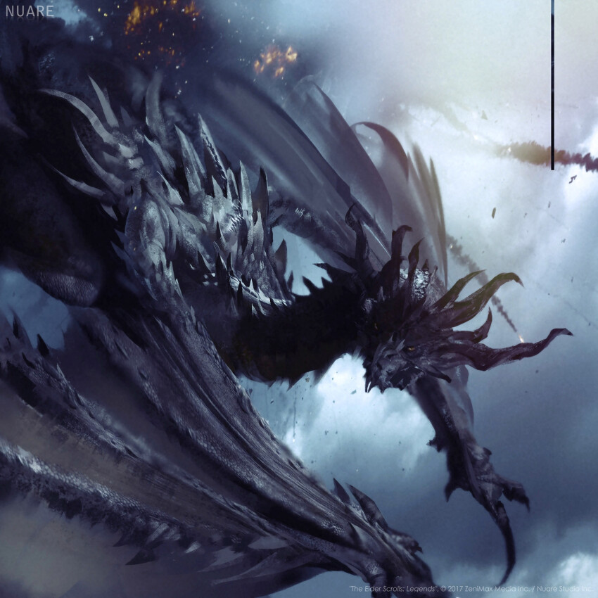 absurdres, alduin, animal_focus, black_scales, blue_sky, claws, cloud, cloudy_sky