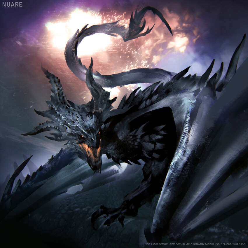 abstract_background, absurdres, alduin, animal_focus, black_scales, claws, commentary, company_name, dragon, english_commentary, highres, horns, monster, no_humans, nuarestudio, official_art, open_mouth, orange_eyes, scales, sharp_teeth, solo, tail, teeth, the_elder_scrolls, the_elder_scrolls:_legends, the_elder_scrolls_legends, the_elder_scrolls_v:_skyrim, watermark, western_dragon, wings, wyvern