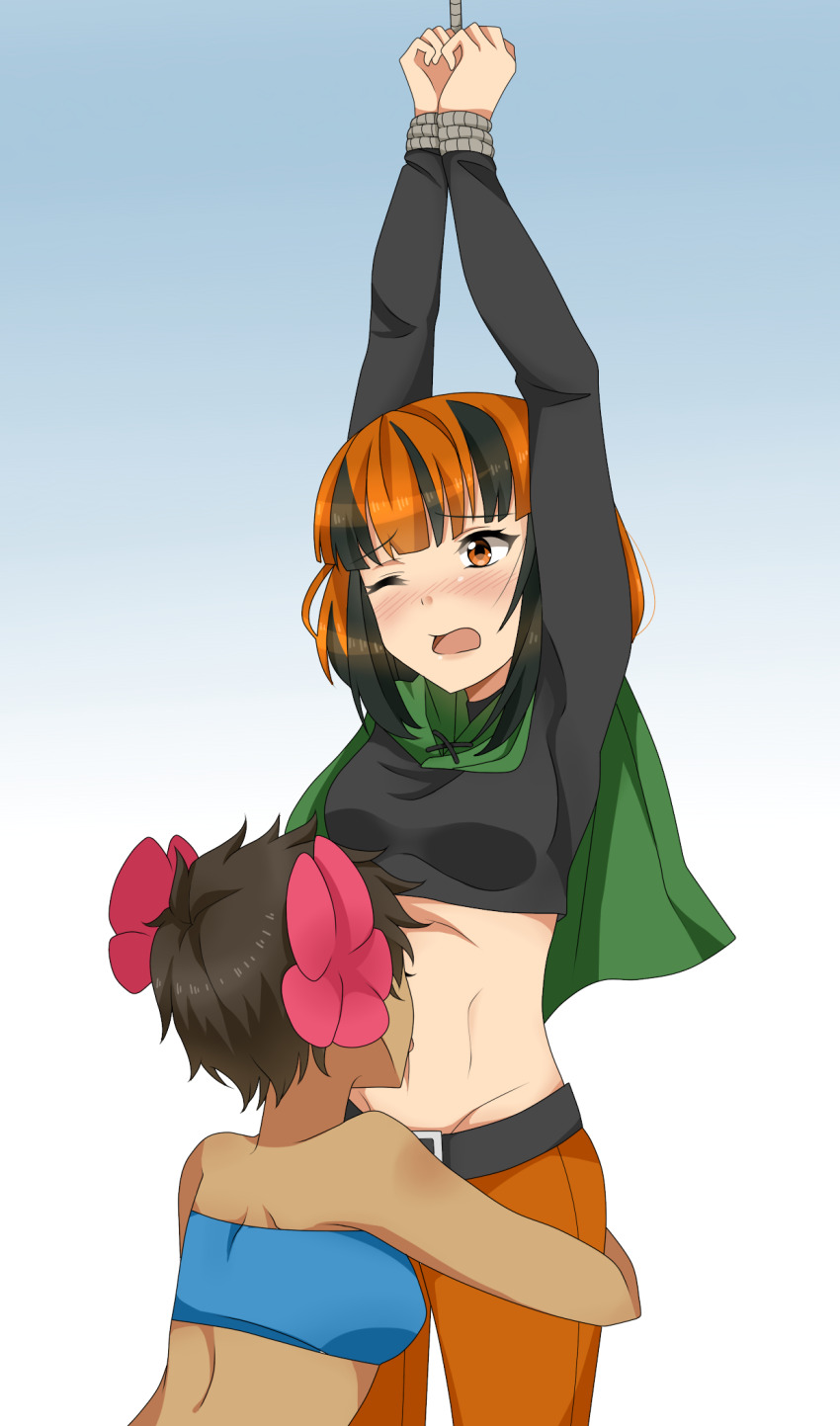 2girls, arms_up, artist_request, bound, bound_wrists, capelet, gardenia_(pokemon), highres, licking, licking_midriff, licking_navel, licking_stomach, midriff, midriff_fetish, midriff_stimulation, multicolored_hair, multiple_girls, navel, navel_fetish, navel_stimulation, nintendo, orange_hair, phoebe_(pokemon), pokemon, pokemon_diamond/pearl/platinum, pokemon_ruby/sapphire/emerald, restrained, tickling, tickling_midriff, tickling_navel, tickling_stomach, yuri