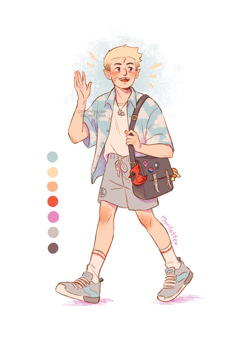 1boy, bag, bisexual_flag_pin, blonde_hair, chipped_tooth, commentary, english_commentary, flapjack_(the_owl_house)