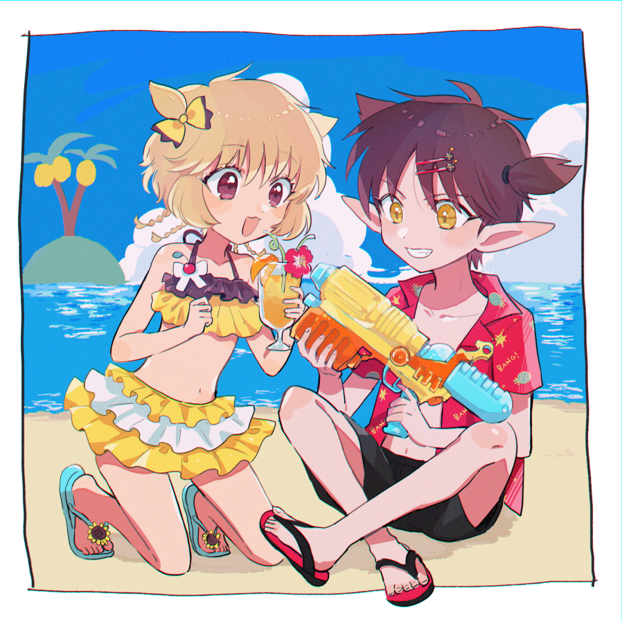 1boy, 1girl, androgynous, bikini, blonde_hair, border, child, drink