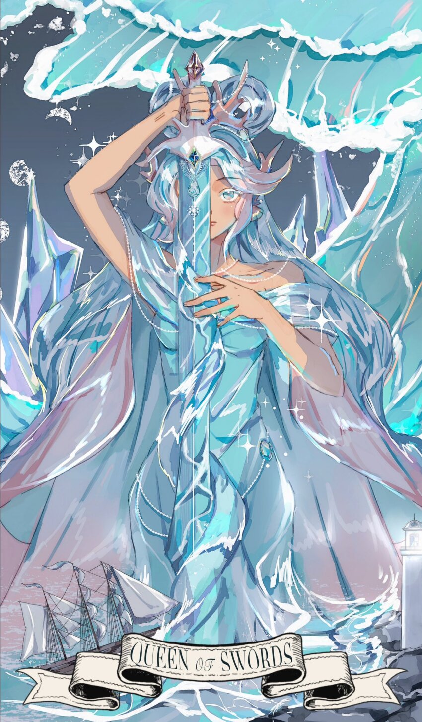 1girl, bare_shoulders, blue_dress, blue_eyes, blue_hair, cookie_run, coral_hair_ornament, dress