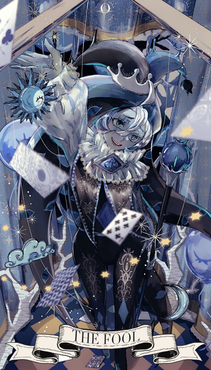 1boy, blue_eyes, blue_skin, brooch, card, colored_skin, cookie, cookie_run