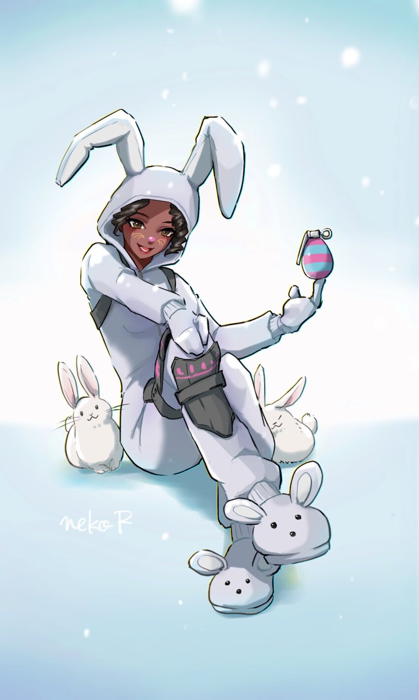 1girl, animal_ears, animal_slippers, black_hair, brown_eyes, bunny_brawler_(fortnite), bunny_slippers, curly_hair