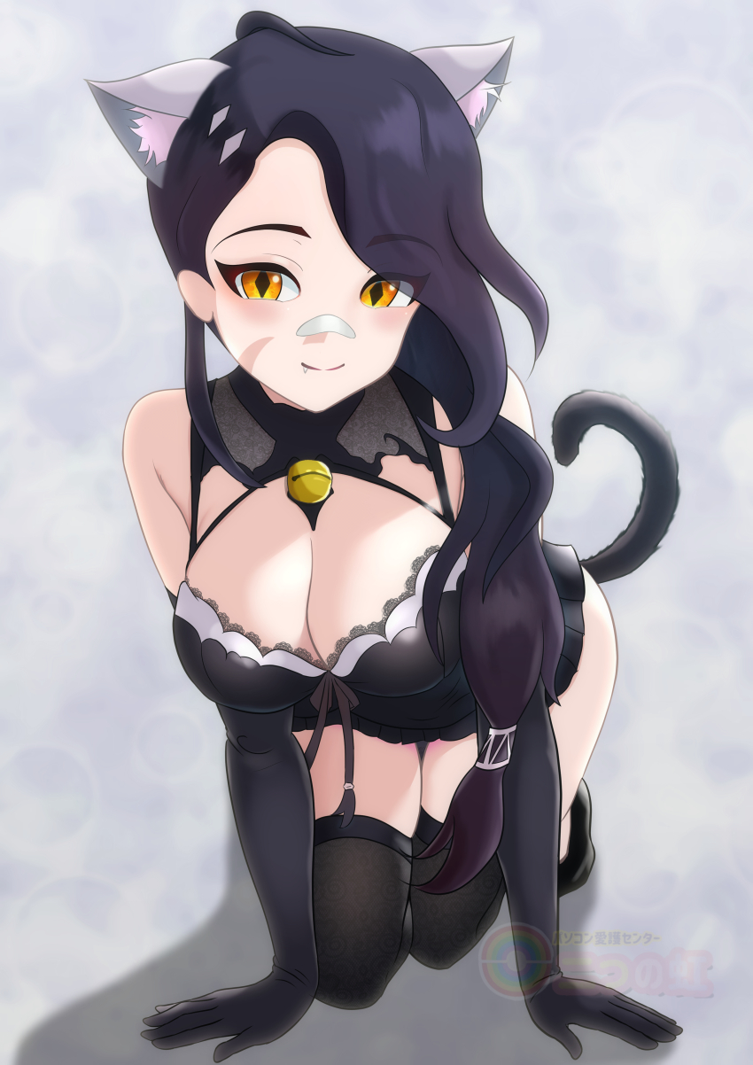 1girl, absurdres, all_fours, animal_ears, bandaid, bandaid_on_face, bandaid_on_nose, bell