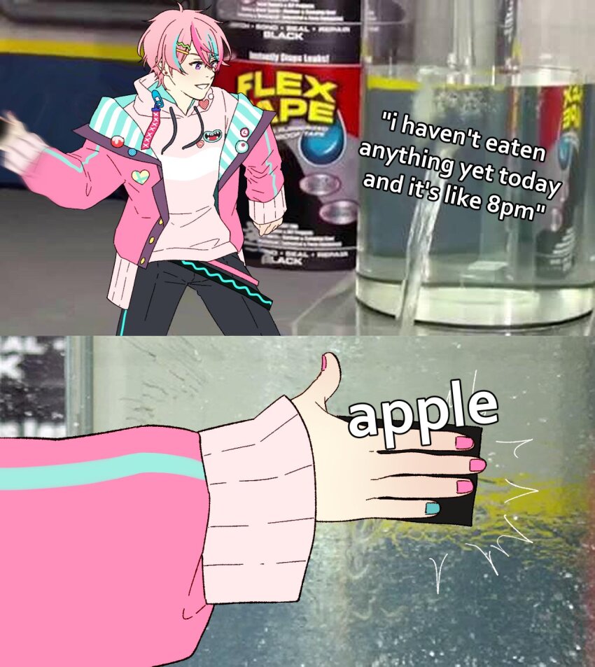 1boy, black_pants, blue_hair, blue_nails, commentary, drawstring, ear_piercing, english_commentary, english_text, flex_tape, furuyawn, hair_ornament, hairclip, heart, highres, holding, hood, hoodie, jacket, long_sleeves, looking_at_object, male_focus, meme, multicolored_hair, multicolored_nails, nexas_(vtuber), open_clothes, open_jacket, pants, photo_background, piercing, pin, pink_hair, pink_hoodie, pink_jacket, pink_nails, pyon_phelix, safety_pin, sleeves_past_wrists, solo, standing, streaked_hair