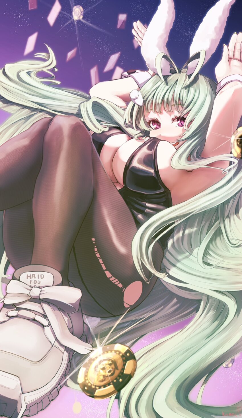 1girl, :d, animal_ears, antenna_hair, arms_up, black_bow, black_bowtie, black_leotard, bow, bowtie, breasts, brown_pantyhose, coin, detached_collar, fake_animal_ears, fake_tail, goddess_of_victory:_nikke, green_hair, heart_antenna_hair, highleg, highleg_leotard, highres, kameneko, large_breasts, leotard, long_hair, looking_at_viewer, mole, mole_on_breast, open_mouth, pantyhose, pink_eyes, playboy_bunny, rabbit_ears, rabbit_pose, rabbit_tail, shoes, smile, sneakers, soda_(nikke), soda_(twinkling_bunny)_(nikke), solo, strapless, strapless_leotard, tail, torn_clothes, torn_pantyhose, twintails, wrist_cuffs