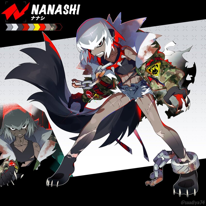 1boy, animal_feet, animal_hands, badger_boy, badger_ears, badger_tail, barcode, barcode_tattoo, black_eyes, camouflage, camouflage_jacket, chain, chain_leash, character_name, reference_sheet, claws, clenched_teeth, collar, color_guide, colored_tips, commentary_request, crop_top, cuffs, dark-skinned_male, dark_skin, full_body, fur-trimmed_collar, fur-trimmed_jacket, fur_trim, glint, green_jacket, grey_background, grey_hair, highres, jacket, leash, long_sleeves, looking_at_viewer, male_focus, monster_boy, multicolored_hair, multiple_views, original, red_pupils, saadiya74, scar, scar_on_leg, scar_on_shoulder, shackles, sharp_teeth, short_hair, short_shorts, shorts, spiked_collar, spikes, standing, tattoo, teeth, torn_clothes, white_hair