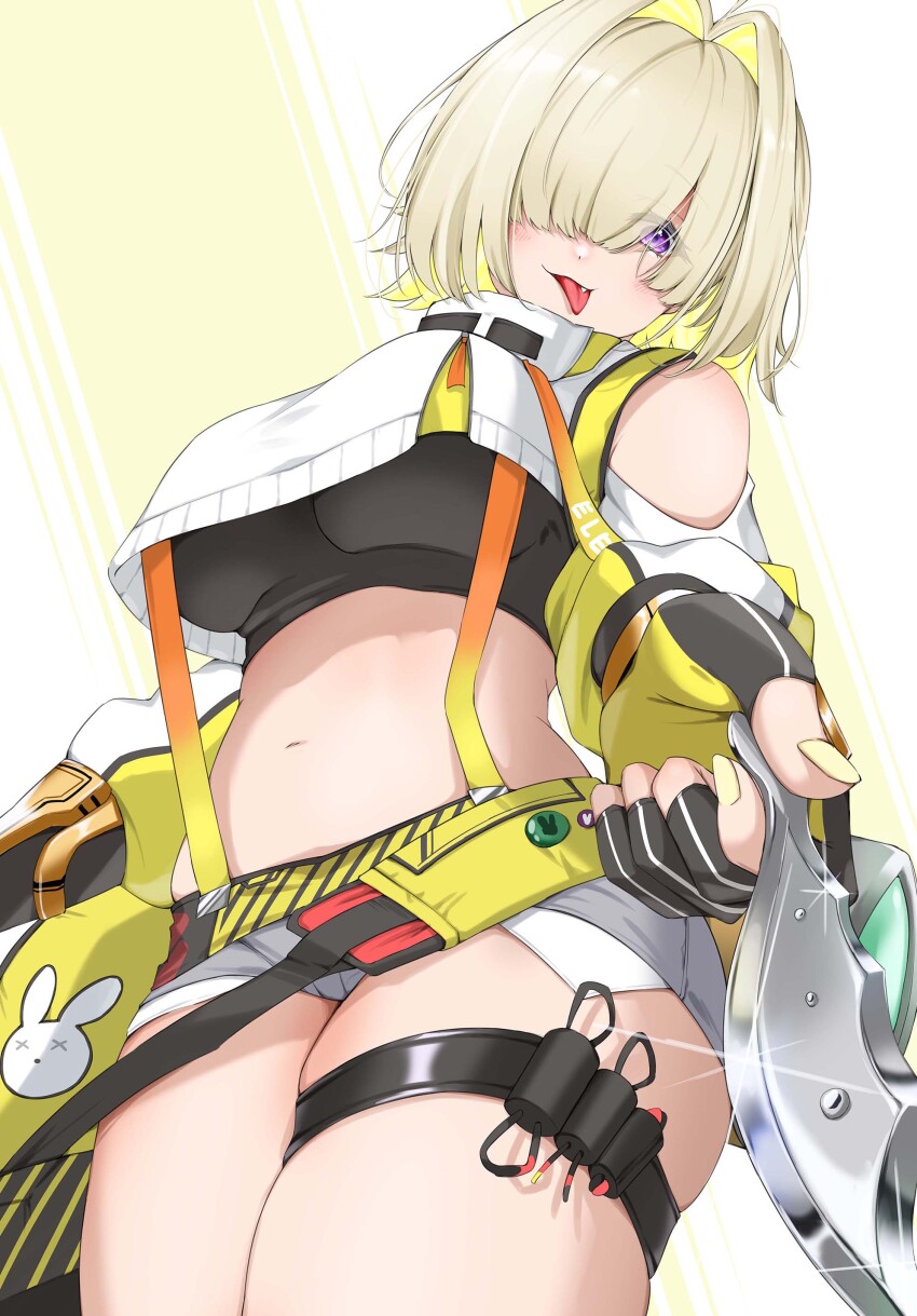 1girl, absurdres, animal_print, black_gloves, black_sports_bra, breasts, clothing_cutout, cropped_sweater