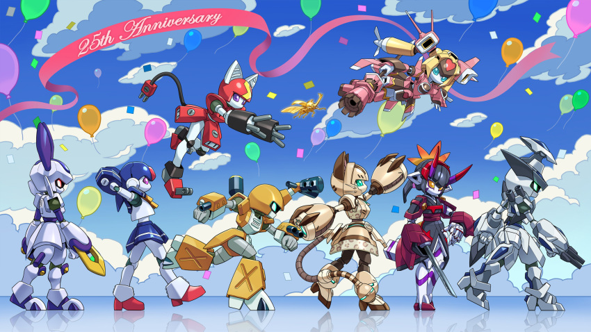 anniversary, arm_blade, arm_cannon, armor, arms_behind_head, balloon, blue_eyes, brass_(medarot)