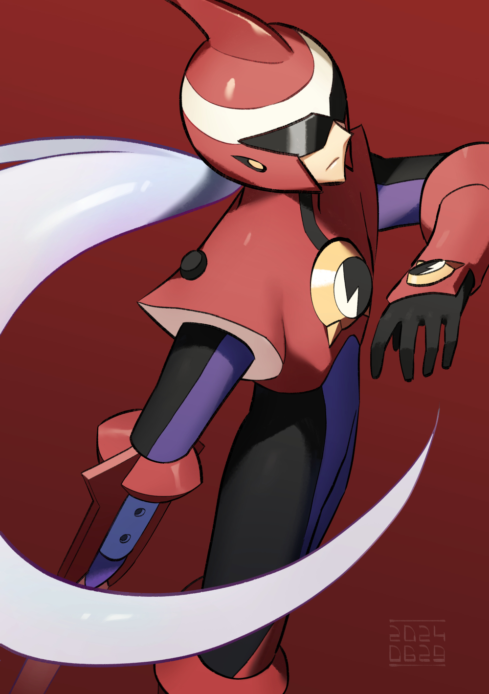 1boy, arm_blade, armor, assault_visor, black_bodysuit, bodysuit, energy_sword, feet_out_of_frame