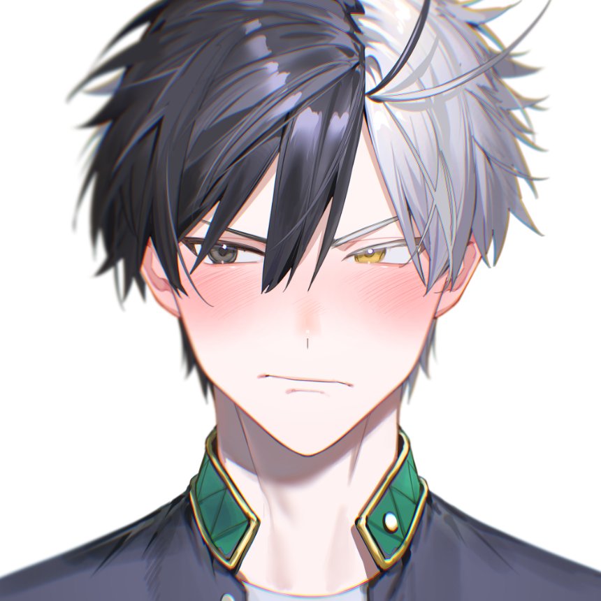 1boy, black_hair, blush, closed_mouth, heterochromia, jacket, kaohom503_2, looking_to_the_side, male_focus, multicolored_hair, sakura_haruka_(wind_breaker), school_uniform, shirt, short_hair, solo, split-color_hair, v-shaped_eyebrows, white_background, white_hair, white_shirt, wind_breaker_(nii_satoru)