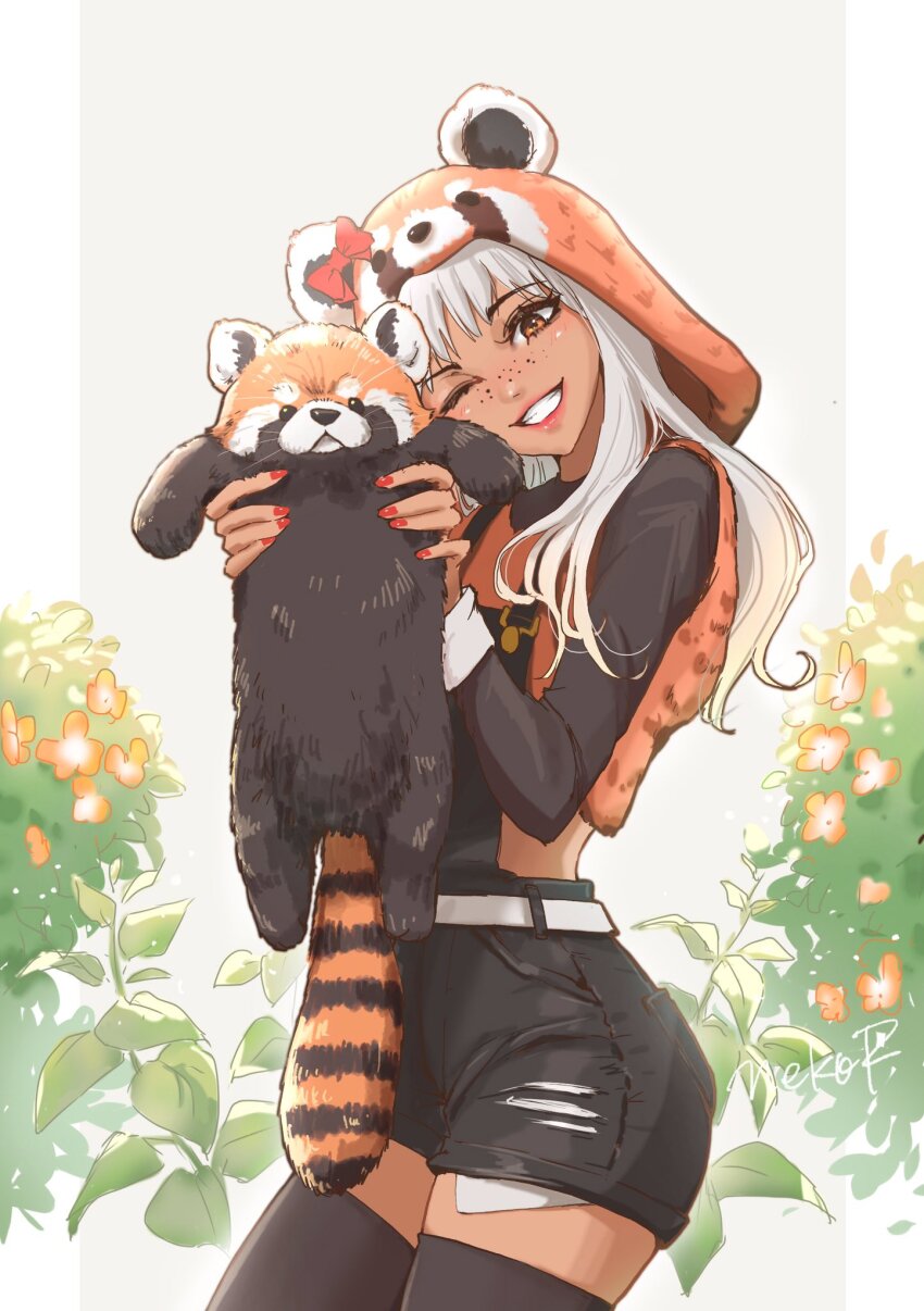 1girl, animal, black_overalls, black_thighhighs, bow, fortnite, freckles, grin, hair_bow, highres, holding, holding_animal, hood, hoodie, nekoramen222, one_eye_closed, orange_eyes, overalls, red_lips, red_nails, red_panda, red_panda_costume, smile, syd_(fortnite), thighhighs, white_hair