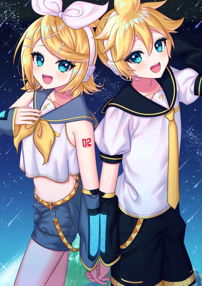 1boy, 1girl, absurdres, blonde_hair, blue_eyes, brother_and_sister, detached_sleeves, hair_ornament