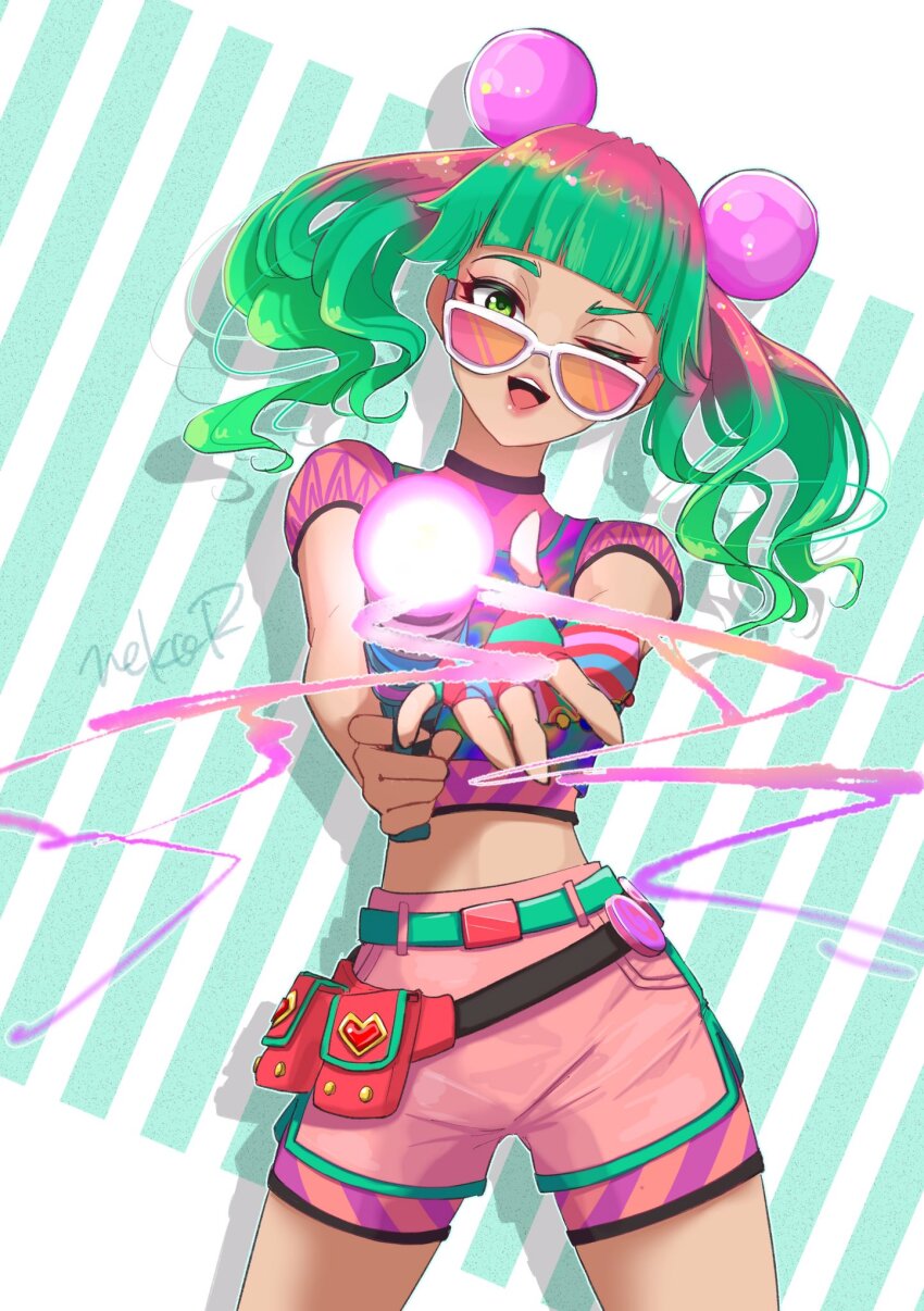 1girl, belt_pouch, colorful, fingerless_gloves, fortnite, gloves, green_eyes, green_hair