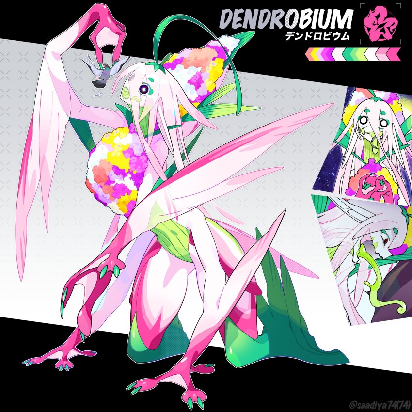1girl, absurdres, arm_up, bird, bright_pupils, character_name, reference_sheet, claws, color_guide, colored_skin, colored_tongue, commentary_request, extra_arms, flower, full_body, giant, giantess, green_tongue, grey_background, highres, kneeling, long_hair, long_tongue, looking_at_viewer, monster_girl, multiple_views, open_mouth, original, pigeon, pink_flower, pink_hair, pink_skin, plant_girl, purple_eyes, saadiya74, sharp_teeth, teeth, tongue, very_long_hair, webbed_hands, white_skin, winged_arms, wings