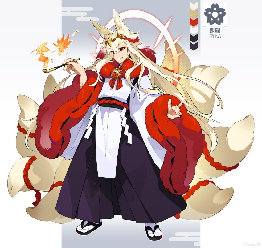 1boy, animal_ears, black_hakama, black_pants, blonde_hair, reference_sheet, color_guide, commentary_request