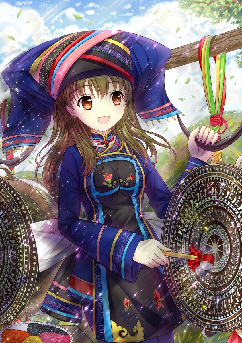 1girl, :d, breasts, brown_hair, china_comic, cowboy_shot, dot_nose, dress