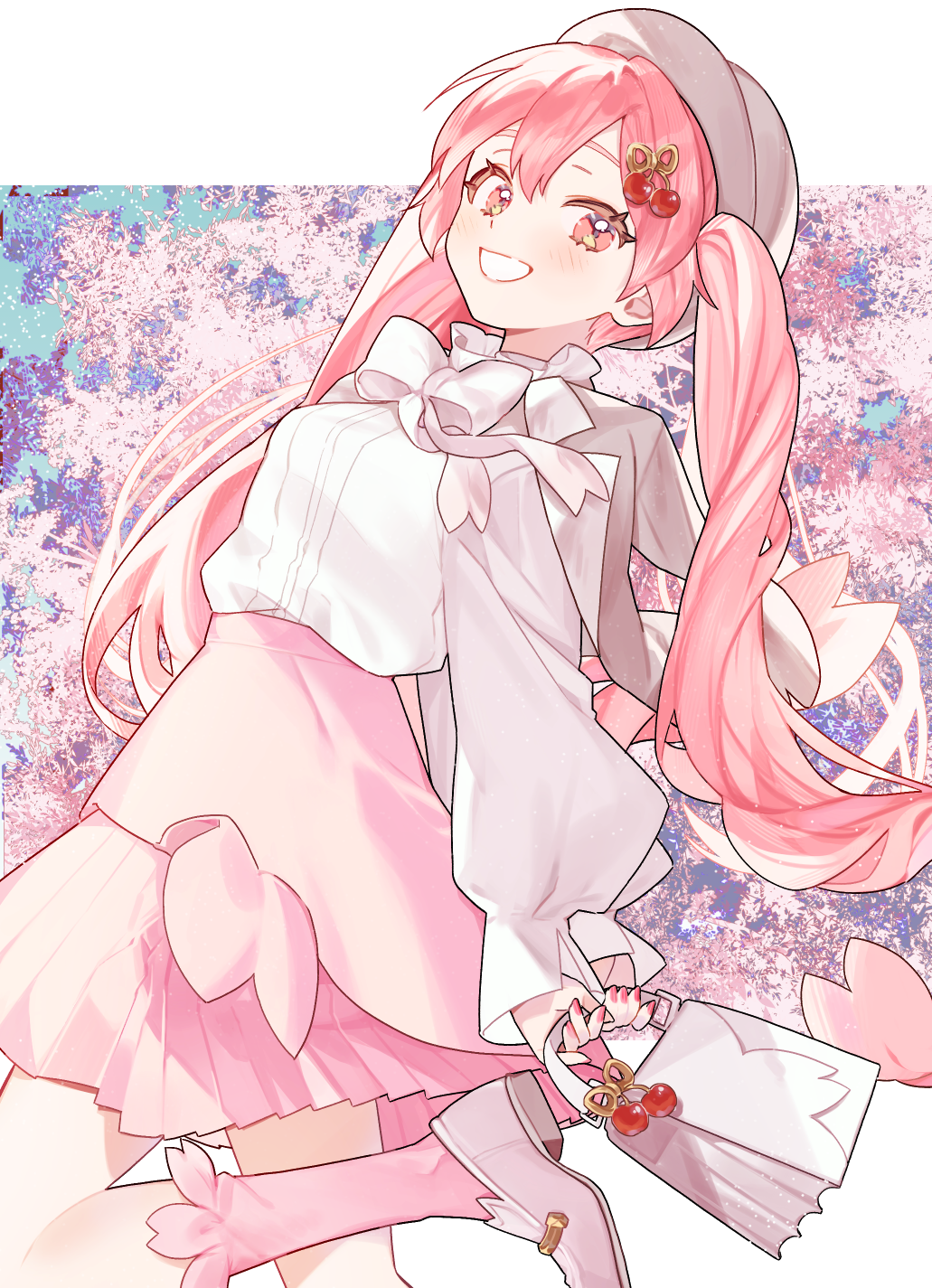 1girl, arched_back, arms_at_sides, bag, bow, bowtie, cherry_hair_ornament, collared_shirt